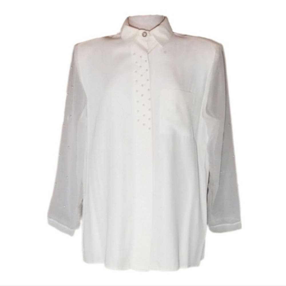 Marnie West Blouse Faux Pearl Sheer Sleeve Button Down White Size L